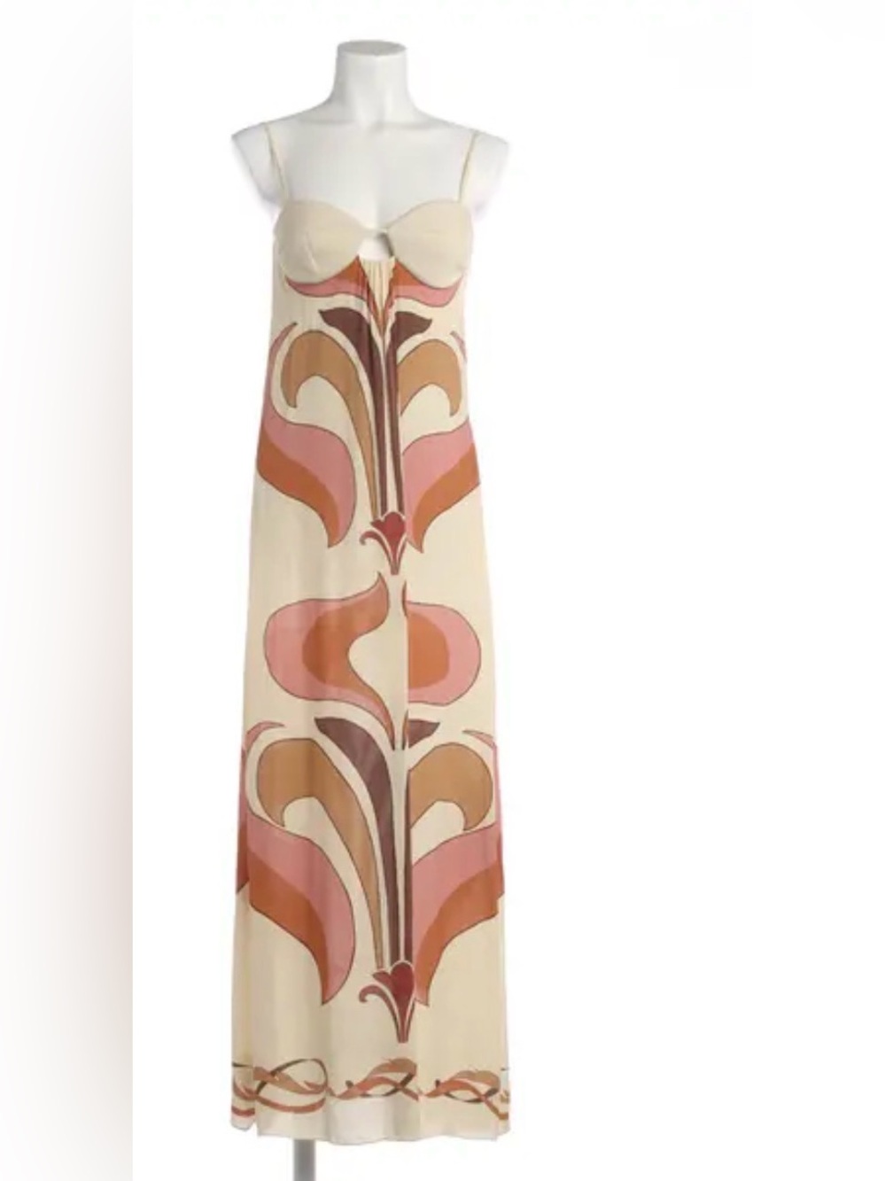 Cream Maxi Dress with Pink and Brown Retro Motif